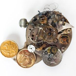 Handmade Pin Vintage Clock Parts and Coins